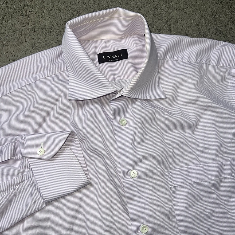 Canali Mens Dress Shirt 41 / 16  Lavender Stripe‎ Cotton Button Front Italy